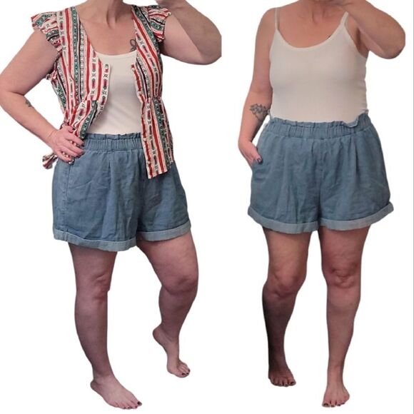 🎁 AEO High Waisted Paperbag Denim Shorts Size Large *Missing Belt - Picture 7 of 15